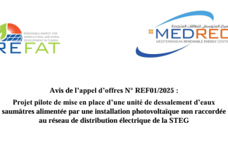 Avis de l’appel d’offres N° REF01/2025 : Projet pilote de mise en place d’une unité de dessalement d’eaux saumâtres alimentée par une installation photovoltaïque non raccordée au réseau de distribution électrique de la STEG