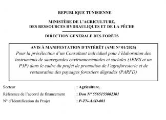 AVIS À MANIFESTATION D’INTÉRÊT (AMI N° 01/2025)  Pour la présélection d’un Consultant individuel pour l’élaboration des  instruments de sauvegardes environnementales et sociales (3EIES et un  P3P) dans le cadre du projet de promotion de l’agroforesterie et de  restauration des paysages forestiers dégradés (PARFD)